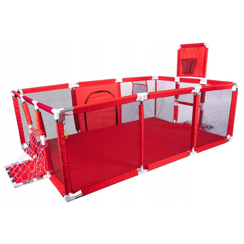 Casa si Gradina - Mobilier - Mobilier copii - Tarcuri copii - Tarc joaca XXL copii si bebe cu cos baschet, 2 porti mingi, intrare fermoar, Oxford 150D, 230x122x62 cm, rosu - Infinity.ro