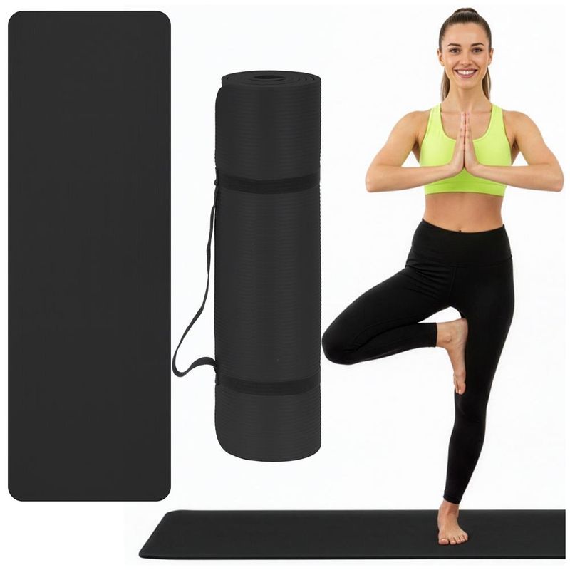 Sport si Outdoor - Fitness - Accesorii fitness - Saltele fitness - Saltea fitness antiderapanta din NBR, 183x61x2 cm, cu curea transport, negru - Infinity.ro