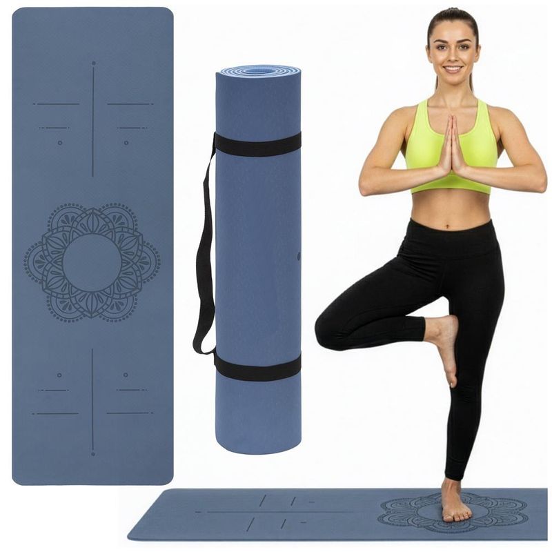 Sport si Outdoor - Fitness - Accesorii fitness - Saltele fitness - Saltea yoga antiderapanta din TPE, 183x61x0.6 cm, cu curea transport, albastru - Infinity.ro