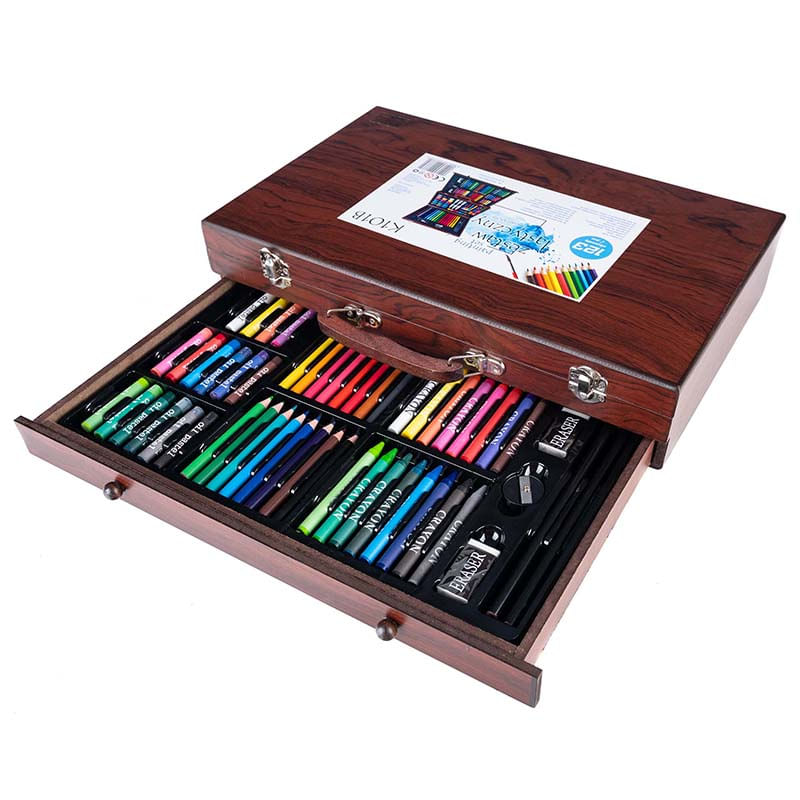 Jucarii, Copii si Bebe - Jucarii si jocuri - Jucarii & jocuri educative - Seturi pictura si desen - Set desen pictura xl 130 piese valiza lemn creioane acuarele, 37x23x8 cm, complet, multicolor - Infinity.ro