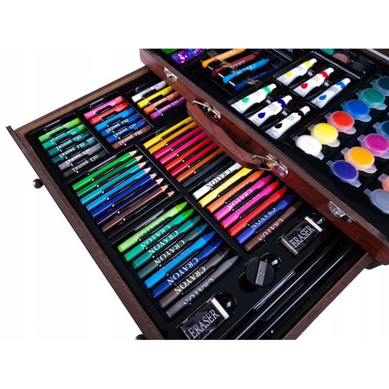 Jucarii, Copii si Bebe - Jucarii si jocuri - Jucarii & jocuri educative - Seturi pictura si desen - Set desen pictura xl 130 piese valiza lemn creioane acuarele, 37x23x8 cm, complet, multicolor - Infinity.ro