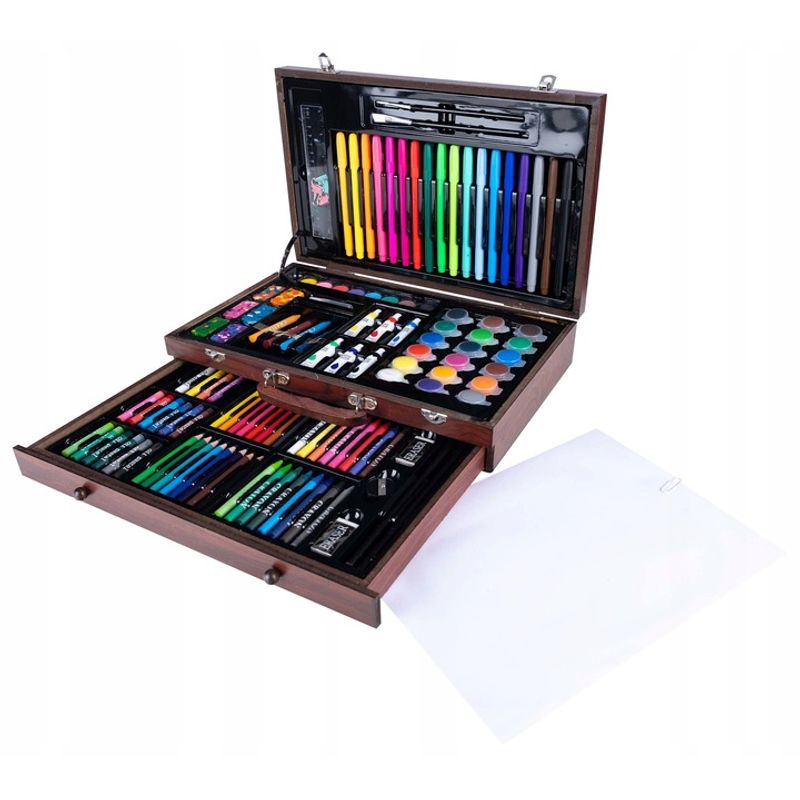 Jucarii, Copii si Bebe - Jucarii si jocuri - Jucarii & jocuri educative - Seturi pictura si desen - Set desen pictura xl 130 piese valiza lemn creioane acuarele, 37x23x8 cm, complet, multicolor - Infinity.ro