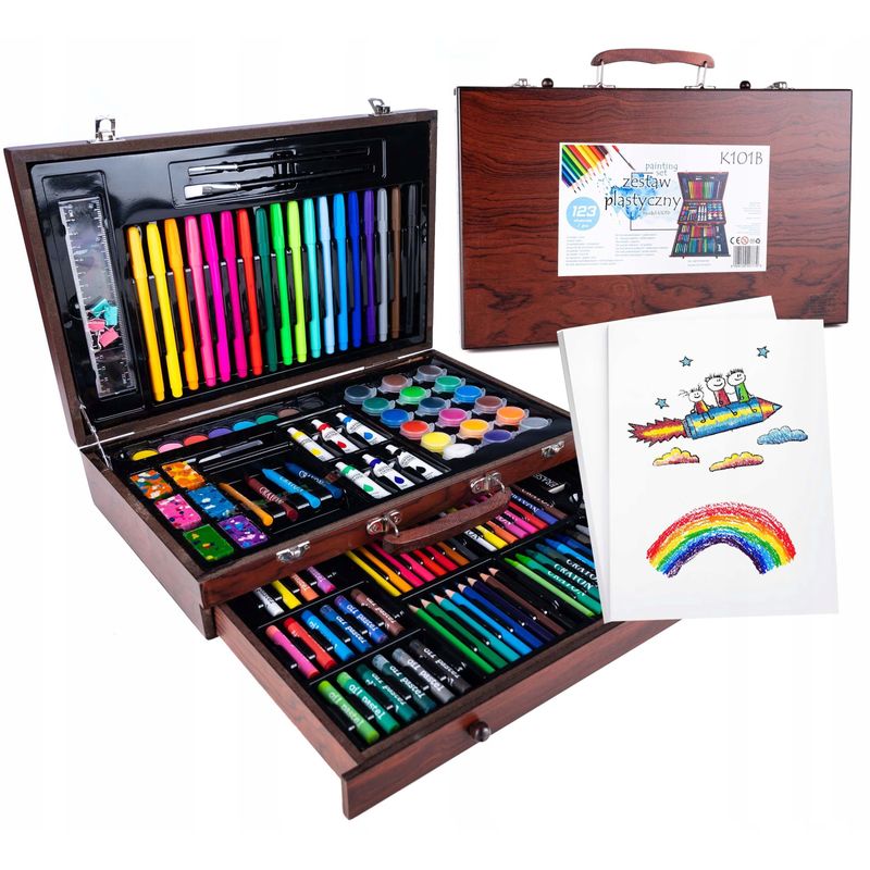 Jucarii, Copii si Bebe - Jucarii si jocuri - Jucarii & jocuri educative - Seturi pictura si desen - Set desen pictura xl 130 piese valiza lemn creioane acuarele, 37x23x8 cm, complet, multicolor - Infinity.ro