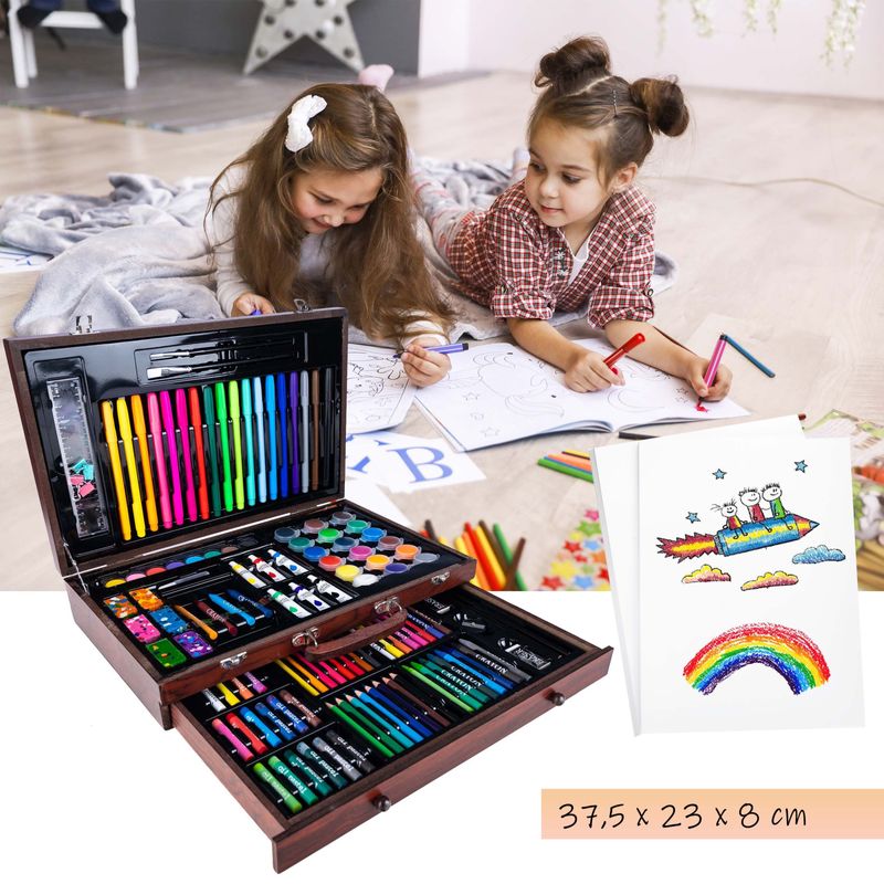 Jucarii, Copii si Bebe - Jucarii si jocuri - Jucarii & jocuri educative - Seturi pictura si desen - Set desen pictura xl 130 piese valiza lemn creioane acuarele, 37x23x8 cm, complet, multicolor - Infinity.ro