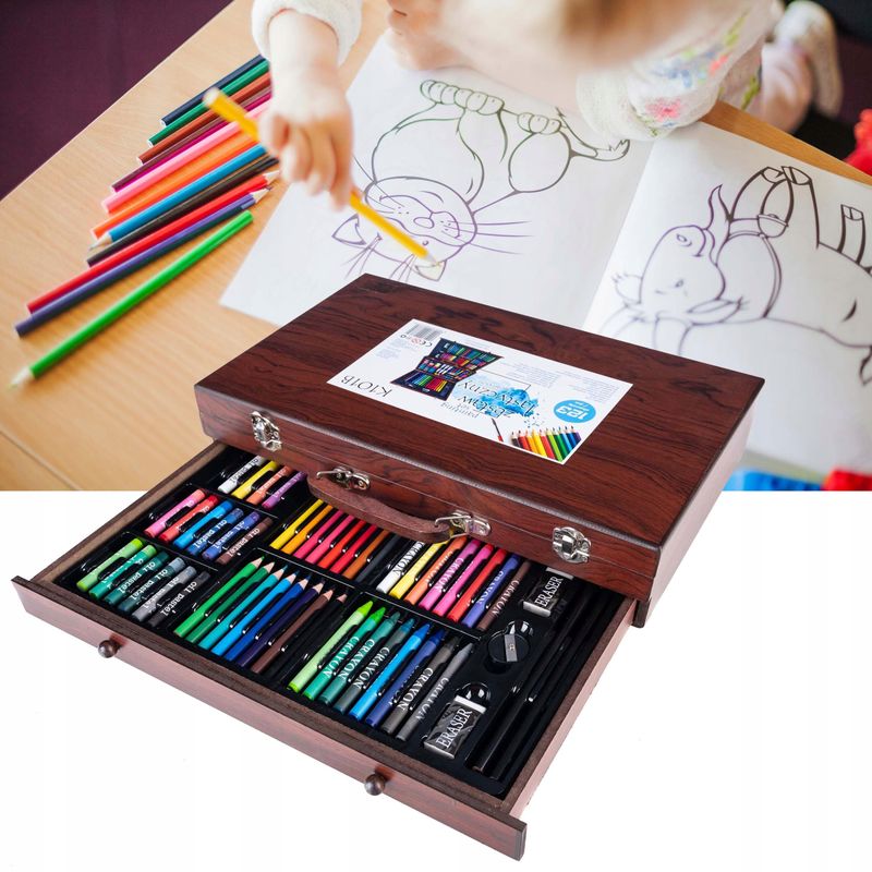Jucarii, Copii si Bebe - Jucarii si jocuri - Jucarii & jocuri educative - Seturi pictura si desen - Set desen pictura xl 130 piese valiza lemn creioane acuarele, 37x23x8 cm, complet, multicolor - Infinity.ro