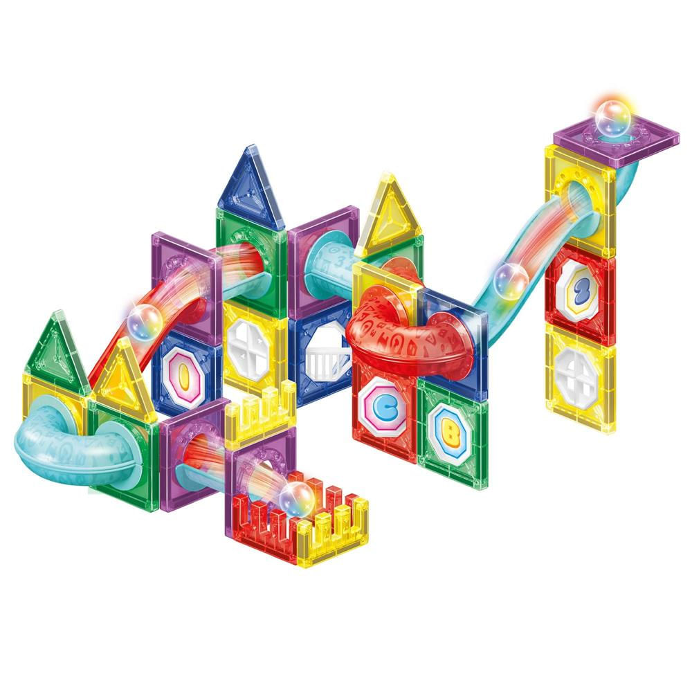 Set constructie cuburi magnetice pista bile led copii 66 piese, rampe tuneluri, multicolor