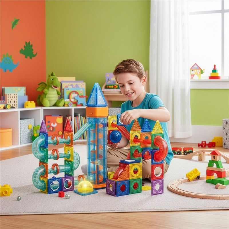 Jucarii, Copii si Bebe - Jucarii si jocuri - Seturi de constructie si cuburi - Seturi de constructie - Set constructie cuburi magnetice pista bile led copii 134 piese, turn lift, multicolor - Infinity.ro