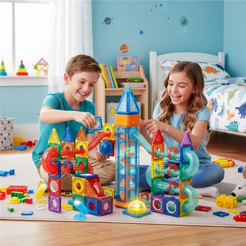 Jucarii, Copii si Bebe - Jucarii si jocuri - Seturi de constructie si cuburi - Seturi de constructie - Set constructie cuburi magnetice pista bile led copii 134 piese, turn lift, multicolor - Infinity.ro