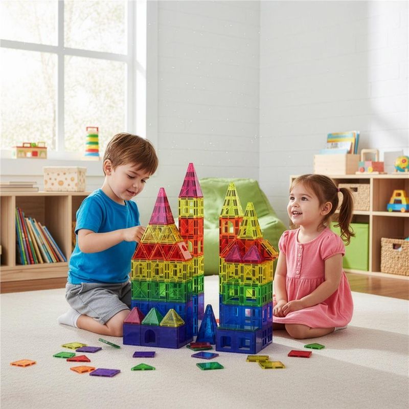 Jucarii, Copii si Bebe - Jucarii si jocuri - Seturi de constructie si cuburi - Seturi de constructie - Set constructie cuburi magnetice educative copii 120 piese, sasiu roti inclus, multicolor - Infinity.ro