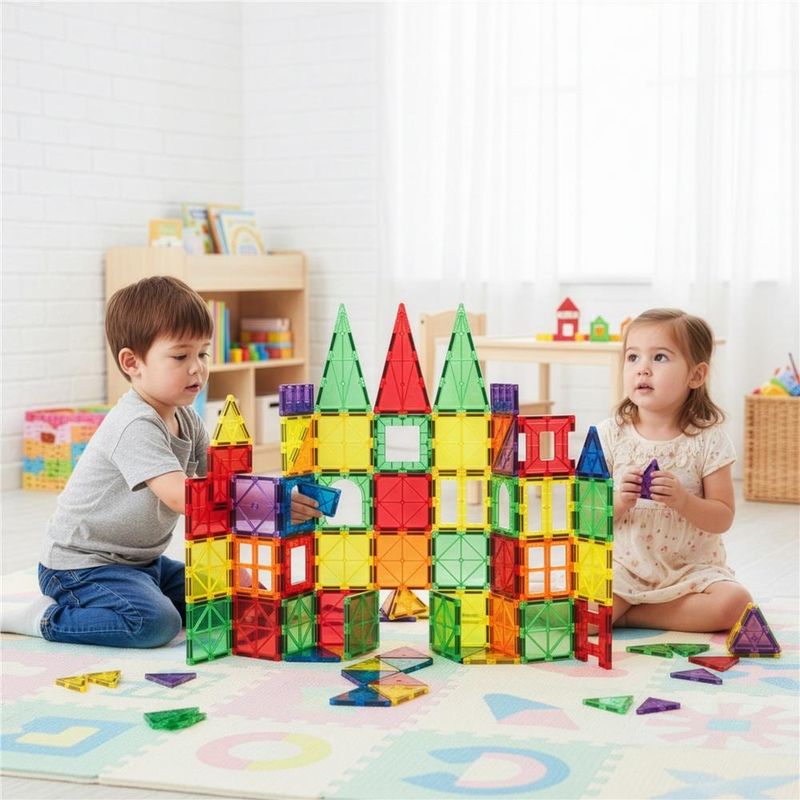 Jucarii, Copii si Bebe - Jucarii si jocuri - Seturi de constructie si cuburi - Seturi de constructie - Set constructie cuburi magnetice educative copii 100 piese, forme geometrice, multicolor - Infinity.ro