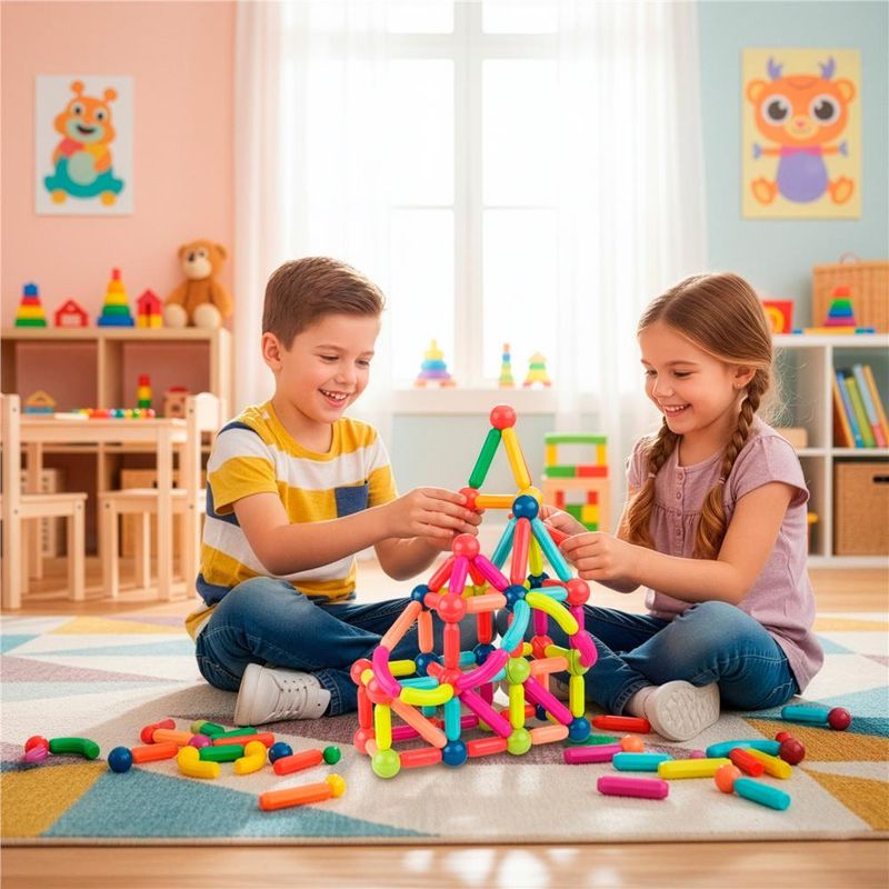 Jucarii, Copii si Bebe - Jucarii si jocuri - Seturi de constructie si cuburi - Seturi de constructie - Set constructie tije bile magnetice educative copii 100 piese, structuri 3d, multicolor - Infinity.ro