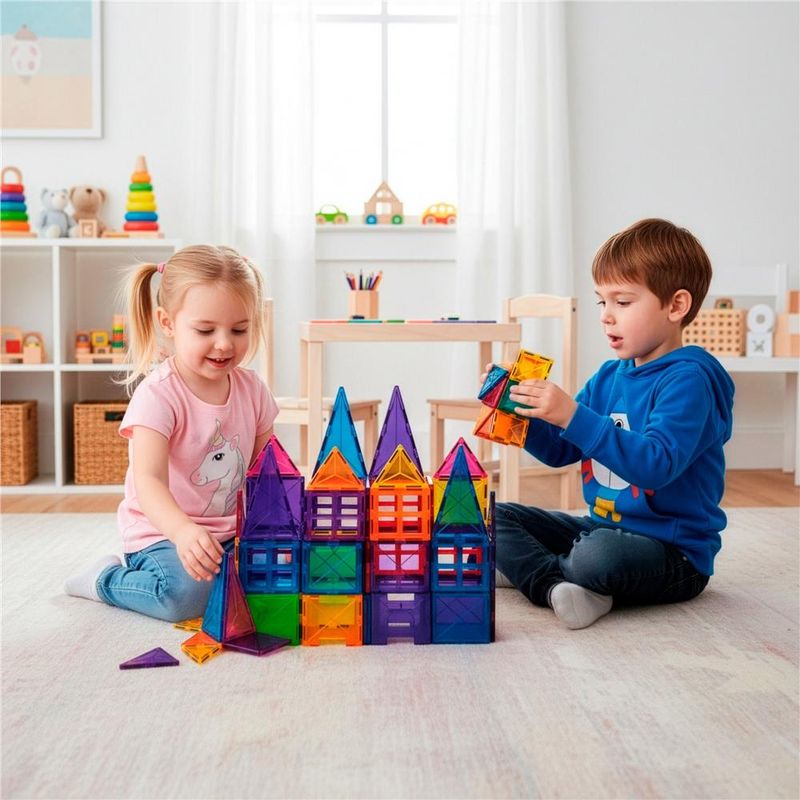 Jucarii, Copii si Bebe - Jucarii si jocuri - Seturi de constructie si cuburi - Seturi de constructie - Set constructie cuburi magnetice educative copii 48 piese, forme geometrice, multicolor - Infinity.ro