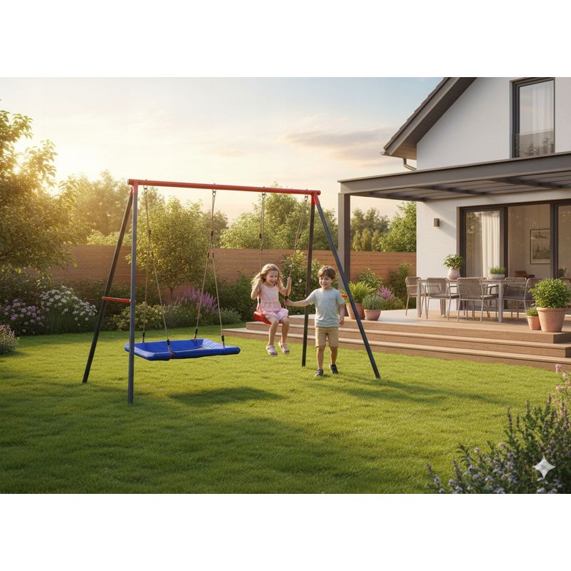 Jucarii, Copii si Bebe - Jucarii si jocuri - Jucarii de exterior - Leagane copii - Leagan de gradina dublu cu scaun si cuib barza, cadru metalic, 290x180x200 cm, rosu si albastru - Infinity.ro