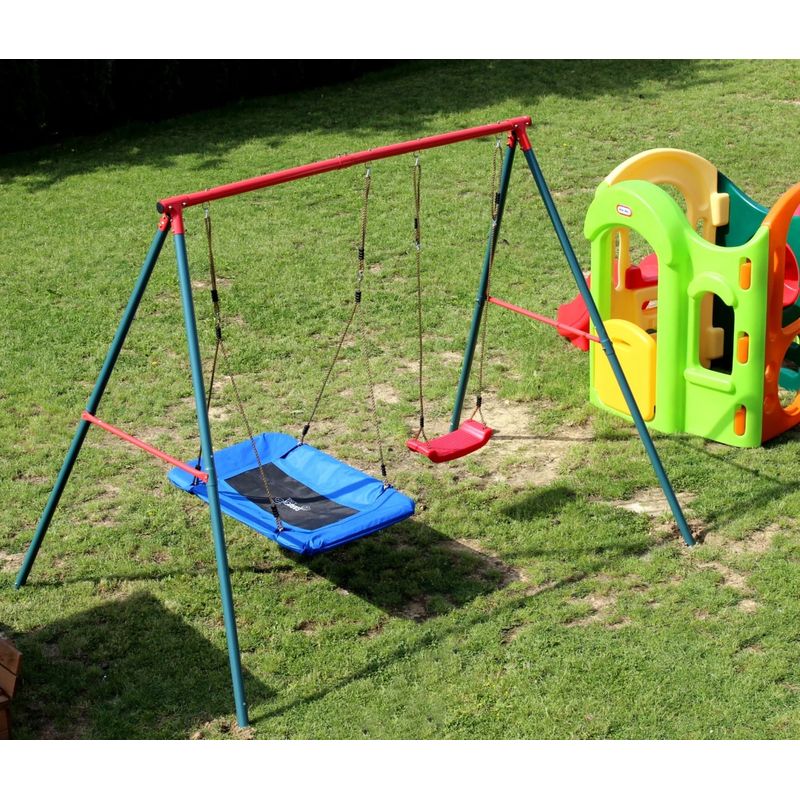 Jucarii, Copii si Bebe - Jucarii si jocuri - Jucarii de exterior - Leagane copii - Leagan de gradina dublu cu scaun si cuib barza, cadru metalic, 290x180x200 cm, rosu si albastru - Infinity.ro