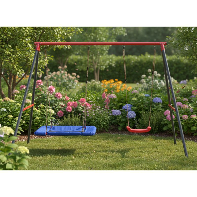 Jucarii, Copii si Bebe - Jucarii si jocuri - Jucarii de exterior - Leagane copii - Leagan de gradina dublu cu scaun si cuib barza, cadru metalic, 290x180x200 cm, rosu si albastru - Infinity.ro