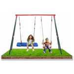 Jucarii, Copii si Bebe - Jucarii si jocuri - Jucarii de exterior - Leagane copii - Leagan de gradina dublu cu scaun si cuib barza, cadru metalic, 290x180x200 cm, rosu si albastru - Infinity.ro