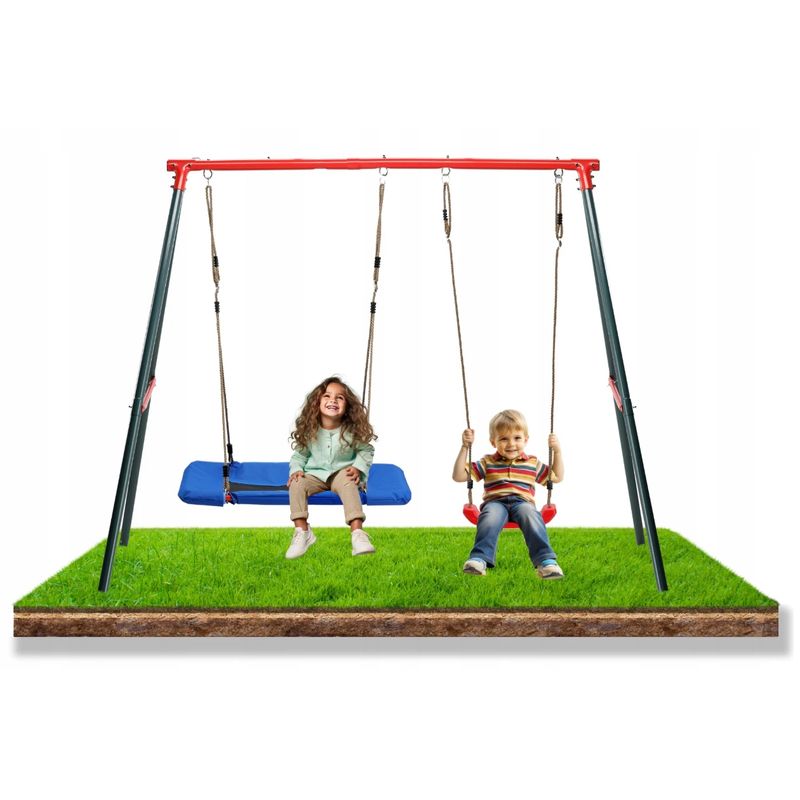Jucarii, Copii si Bebe - Jucarii si jocuri - Jucarii de exterior - Leagane copii - Leagan de gradina dublu cu scaun si cuib barza, cadru metalic, 290x180x200 cm, rosu si albastru - Infinity.ro