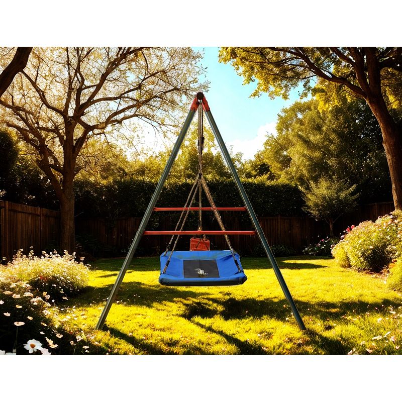 Jucarii, Copii si Bebe - Jucarii si jocuri - Jucarii de exterior - Leagane copii - Leagan de gradina dublu cu scaun si cuib barza, cadru metalic, 290x180x200 cm, rosu si albastru - Infinity.ro