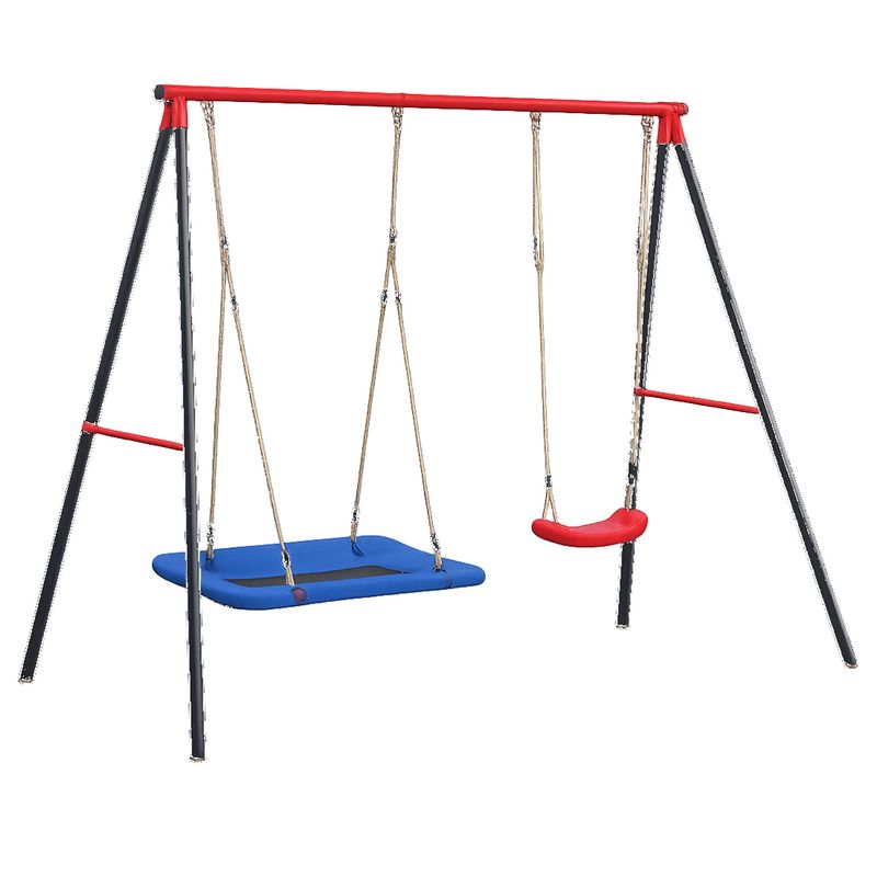 Jucarii, Copii si Bebe - Jucarii si jocuri - Jucarii de exterior - Leagane copii - Leagan de gradina dublu cu scaun si cuib barza, cadru metalic, 290x180x200 cm, rosu si albastru - Infinity.ro