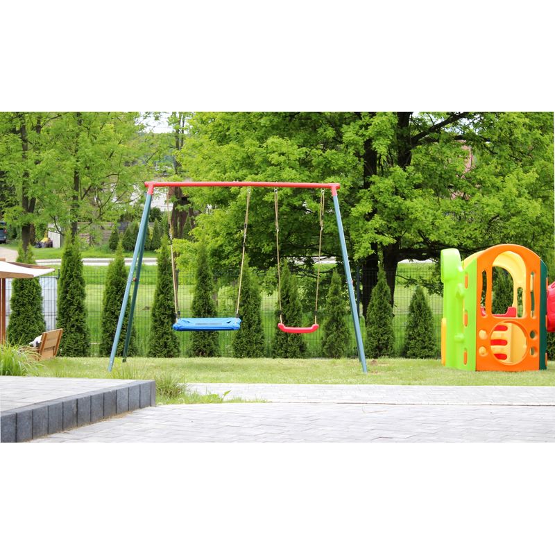 Jucarii, Copii si Bebe - Jucarii si jocuri - Jucarii de exterior - Leagane copii - Leagan de gradina dublu cu scaun si cuib barza, cadru metalic, 290x180x200 cm, rosu si albastru - Infinity.ro