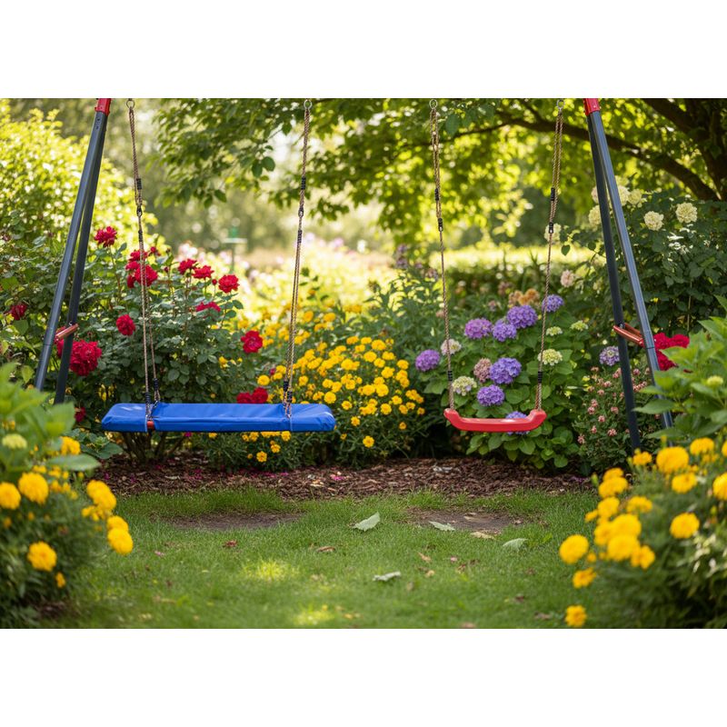 Jucarii, Copii si Bebe - Jucarii si jocuri - Jucarii de exterior - Leagane copii - Leagan de gradina dublu cu scaun si cuib barza, cadru metalic, 290x180x200 cm, rosu si albastru - Infinity.ro