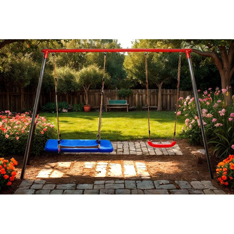 Jucarii, Copii si Bebe - Jucarii si jocuri - Jucarii de exterior - Leagane copii - Leagan de gradina dublu cu scaun si cuib barza, cadru metalic, 290x180x200 cm, rosu si albastru - Infinity.ro