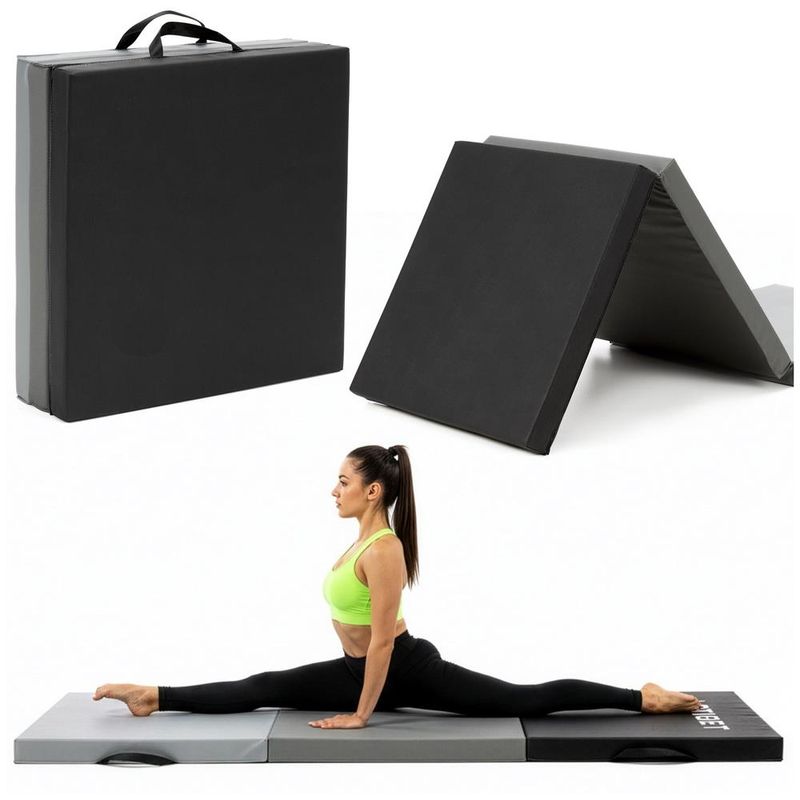 Sport si Outdoor - Fitness - Accesorii fitness - Saltele fitness - Saltea fitness pliabila 3 segmente pvc spuma epe maner, 180x60x6 cm, duritate medie, negru gri - Infinity.ro