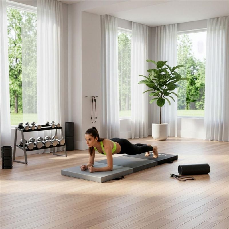 Sport si Outdoor - Fitness - Accesorii fitness - Saltele fitness - Saltea fitness pliabila 3 segmente pvc spuma epe maner, 180x60x6 cm, duritate medie, negru gri - Infinity.ro