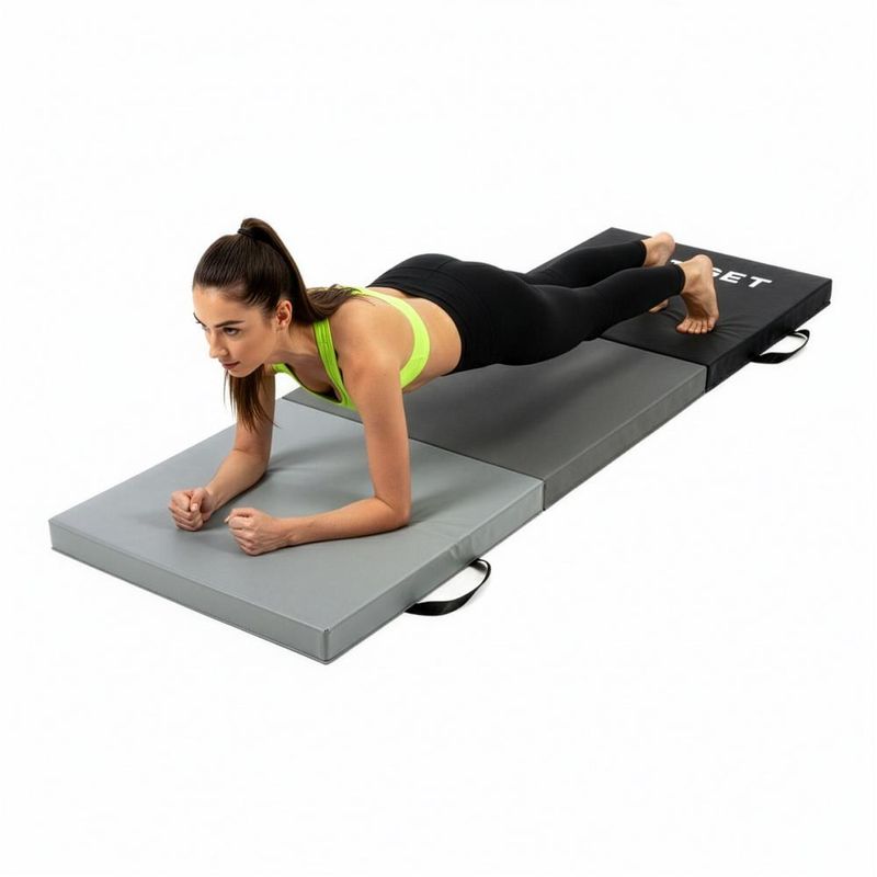 Sport si Outdoor - Fitness - Accesorii fitness - Saltele fitness - Saltea fitness pliabila 3 segmente pvc spuma epe maner, 180x60x6 cm, duritate medie, negru gri - Infinity.ro