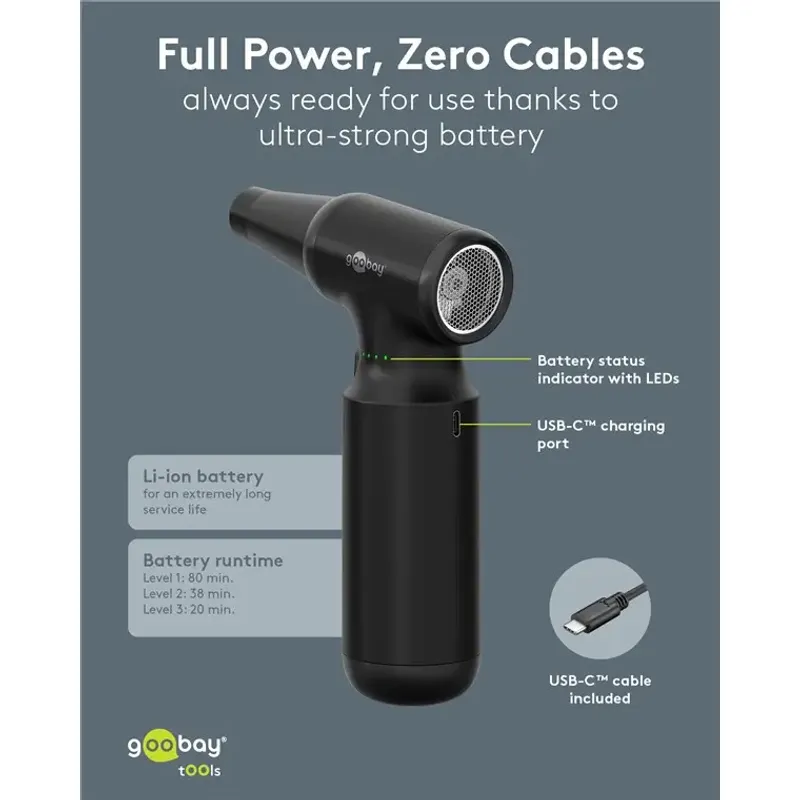 Casa si Gradina - Gradinarit si plante - Utilaje gradina - Aspiratoare, suflante si tocatoare - Suflanta aer comprimat portabila Goobay 77830 100W /motor fara perii /fara fir /reincarcabil - Infinity.ro