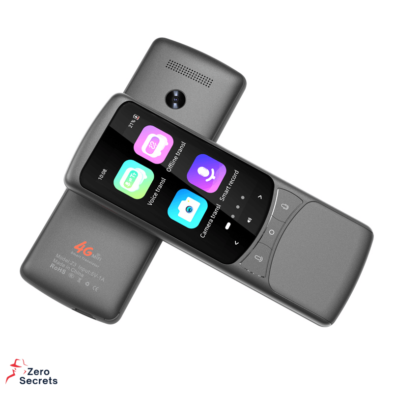 Laptop, Telefoane si Tablete - Wearables si gadgeturi - Gadgeturi - Accesorii SMART - Traducator Inteligent cu SIM 4G, Zero Secrets, 138 limbi, traducere vocala si foto, gri - Infinity.ro