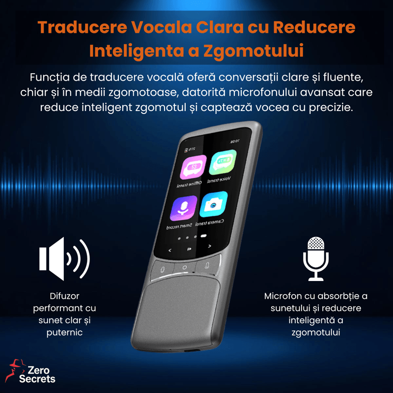 Laptop, Telefoane si Tablete - Wearables si gadgeturi - Gadgeturi - Accesorii SMART - Traducator Inteligent cu SIM 4G, Zero Secrets, 138 limbi, traducere vocala si foto, gri - Infinity.ro