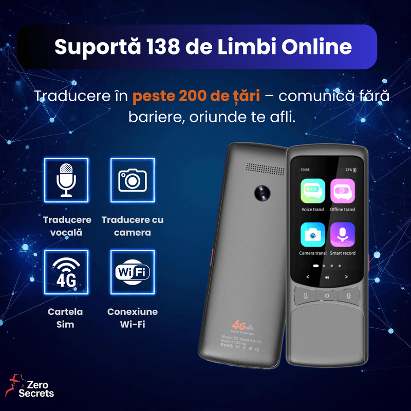 Laptop, Telefoane si Tablete - Wearables si gadgeturi - Gadgeturi - Accesorii SMART - Traducator Inteligent cu SIM 4G, Zero Secrets, 138 limbi, traducere vocala si foto, gri - Infinity.ro