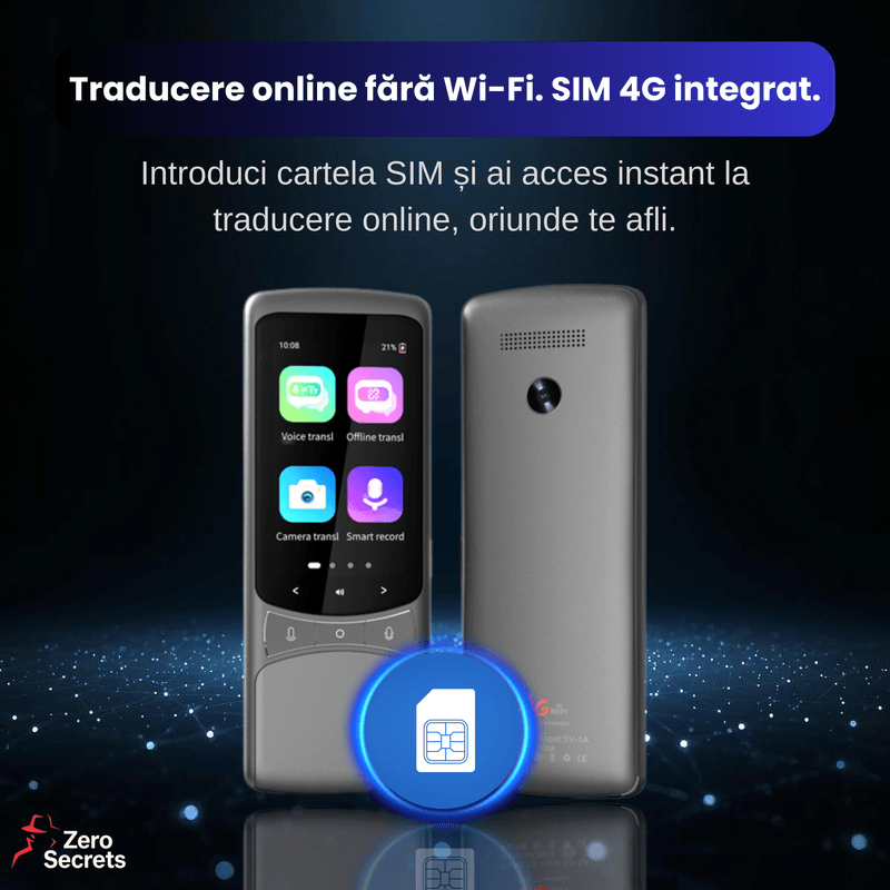 Laptop, Telefoane si Tablete - Wearables si gadgeturi - Gadgeturi - Accesorii SMART - Traducator Inteligent cu SIM 4G, Zero Secrets, 138 limbi, traducere vocala si foto, gri - Infinity.ro