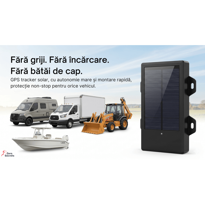 Laptop, Telefoane si Tablete - Wearables si gadgeturi - Gadgeturi - Dispozitive anti-pierdere - GPS Tracker Auto Solar 4G Zero Secrets, Localizare in Timp Real, Baterie 12000mAh, Montaj Rapid, Negru - Infinity.ro