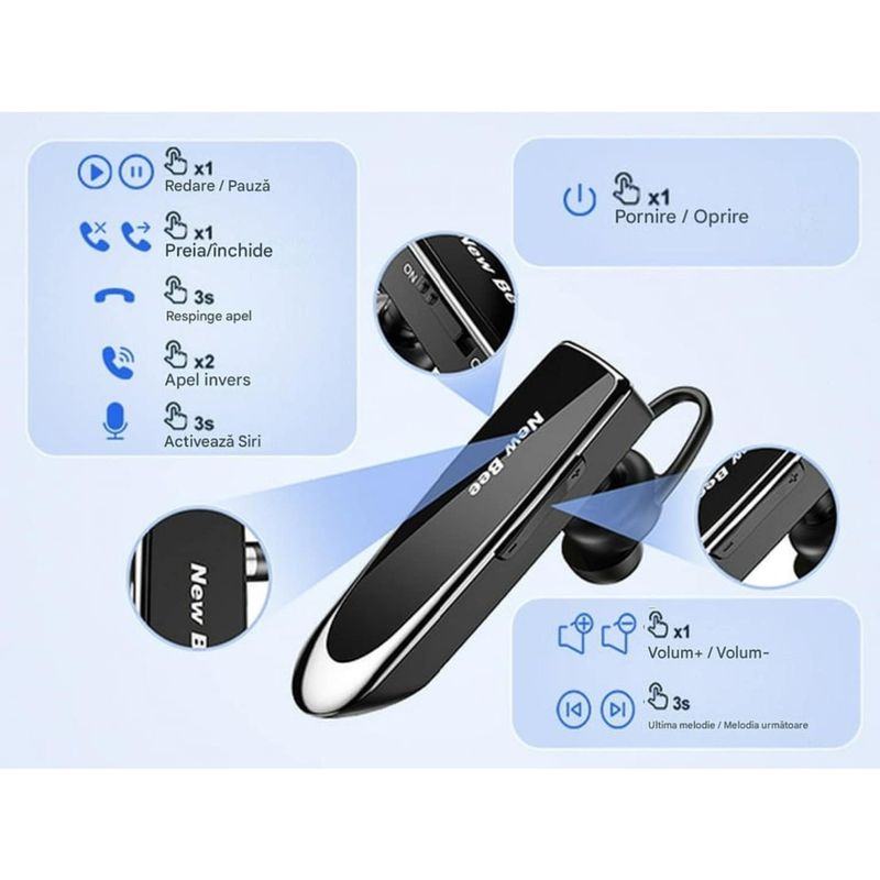 TV, Audio-Video si Foto - Portabile audio - Casti audio - Casca Bluetooth New Bee B41, Baterie 24 ore, Multipoint, Universala, Culoare Negru - Infinity.ro