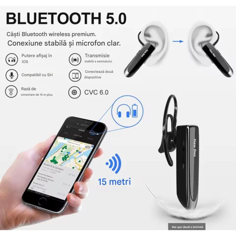 TV, Audio-Video si Foto - Portabile audio - Casti audio - Casca Bluetooth New Bee B41, Baterie 24 ore, Multipoint, Universala, Culoare Negru - Infinity.ro