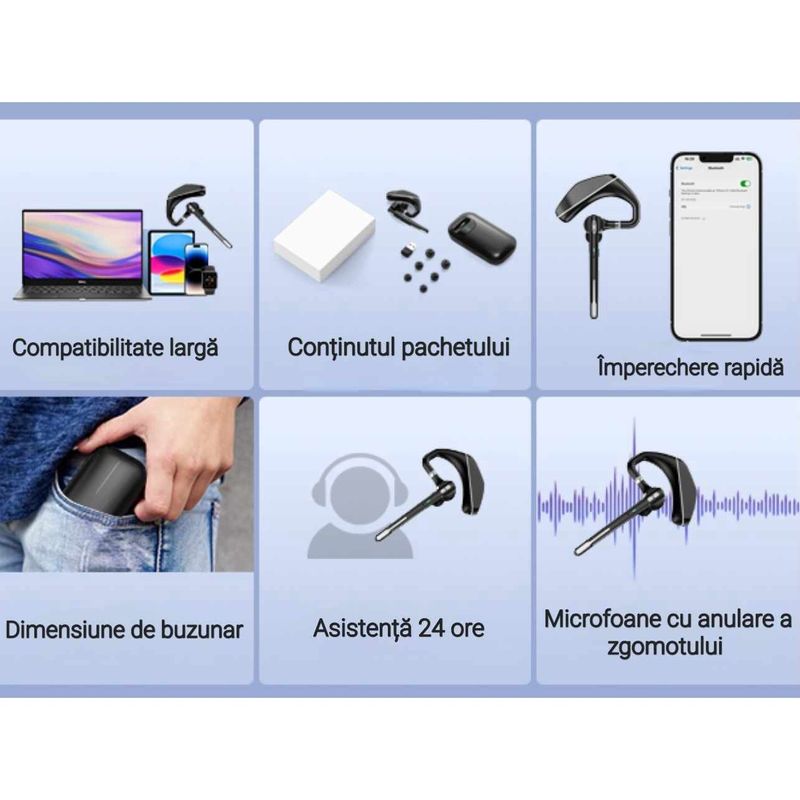 TV, Audio-Video si Foto - Portabile audio - Casti audio - Casca Bluetooth CerCip A6L, Autonomie baterie 25 ore, Carcasa de incarcare, Anulare zgomot, Multipoint - Infinity.ro