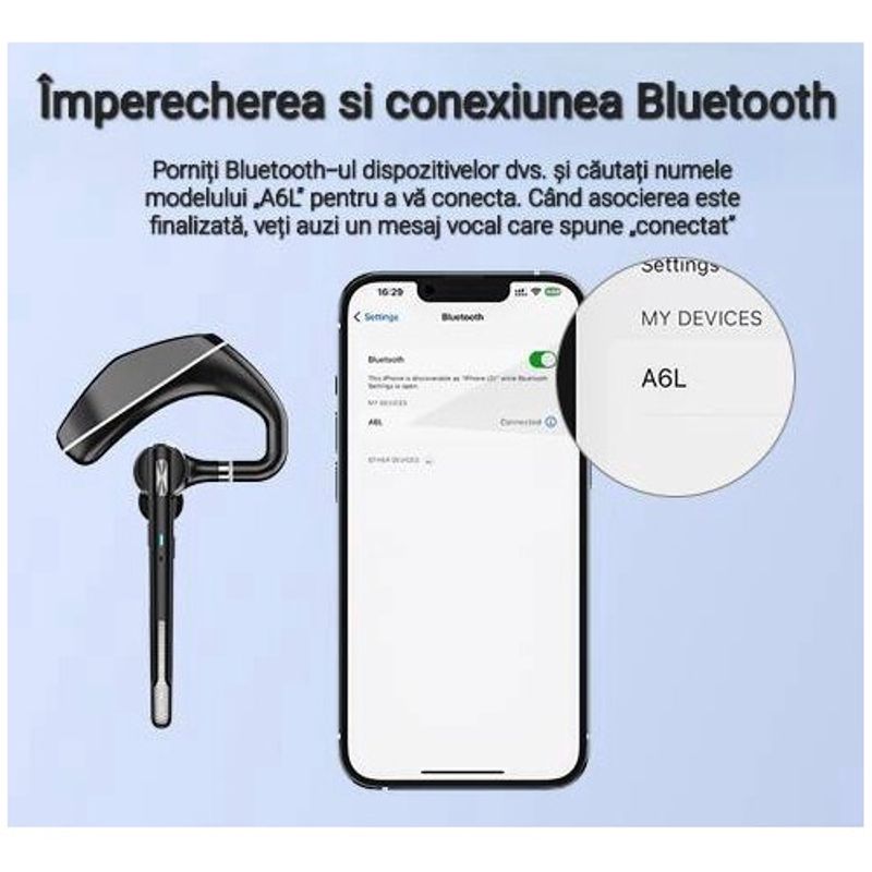TV, Audio-Video si Foto - Portabile audio - Casti audio - Casca Bluetooth CerCip A6L, Autonomie baterie 25 ore, Carcasa de incarcare, Anulare zgomot, Multipoint - Infinity.ro