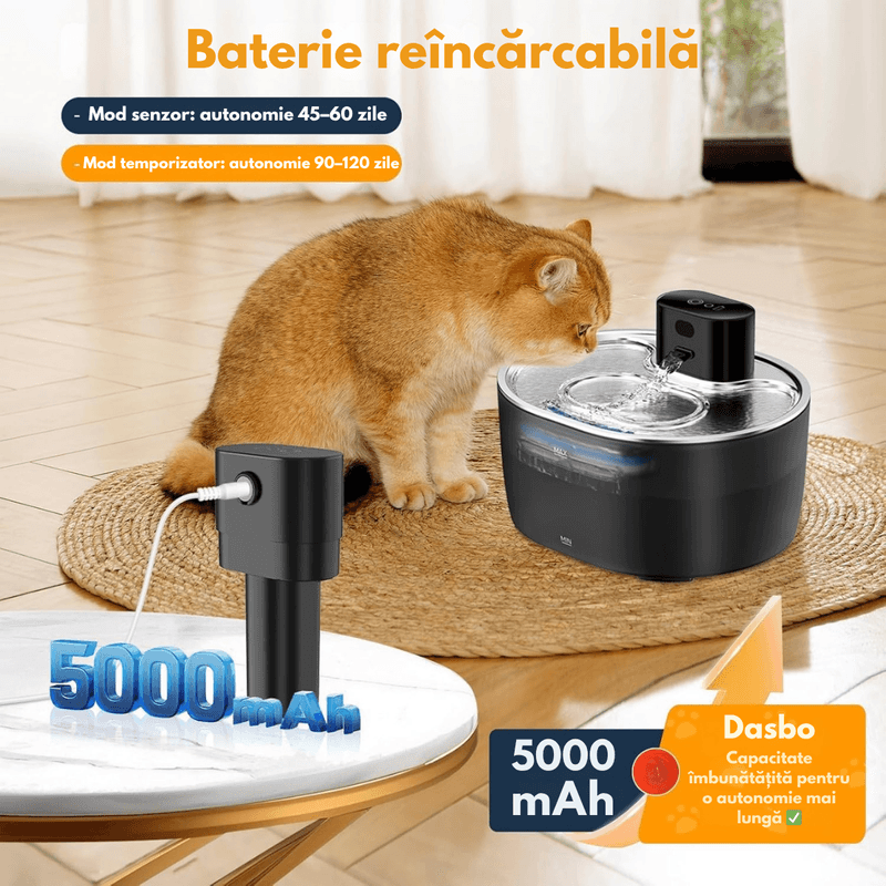 Petshop - Accesorii petshop - Castroane si adapatori - Dispenser apa automat tip Fantana inteligenta pentru pisici si caini, Dasbo®, Capacitate 3.2L, cu Sensor, wireless - Infinity.ro