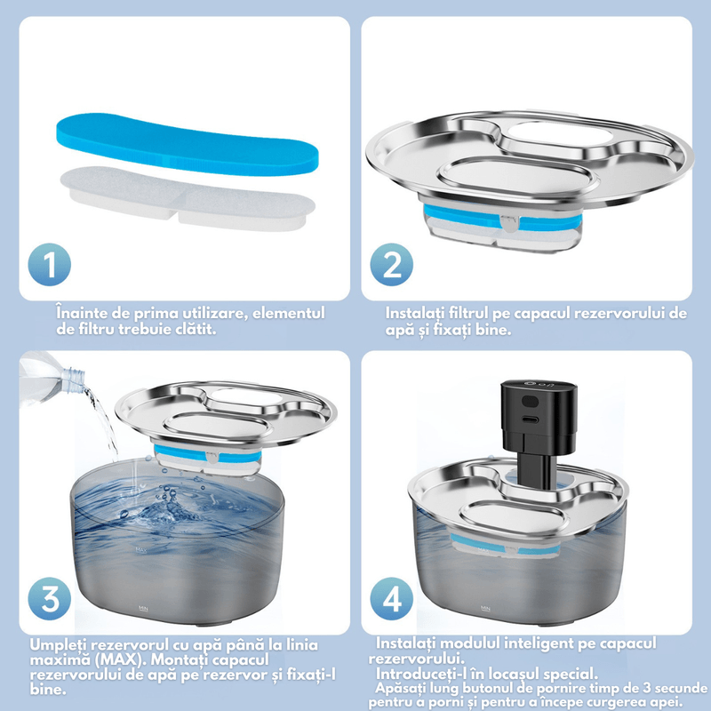 Petshop - Accesorii petshop - Castroane si adapatori - Dispenser apa automat tip Fantana inteligenta pentru pisici si caini, Dasbo®, Capacitate 3.2L, cu Sensor, wireless - Infinity.ro