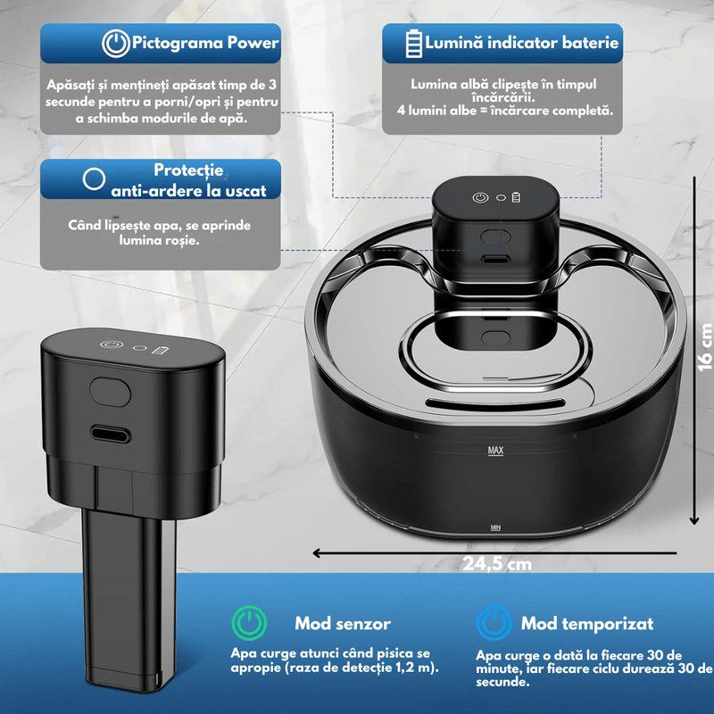 Petshop - Accesorii petshop - Castroane si adapatori - Dispenser apa automat tip Fantana inteligenta pentru pisici si caini, Dasbo®, Capacitate 3.2L, cu Sensor, wireless - Infinity.ro