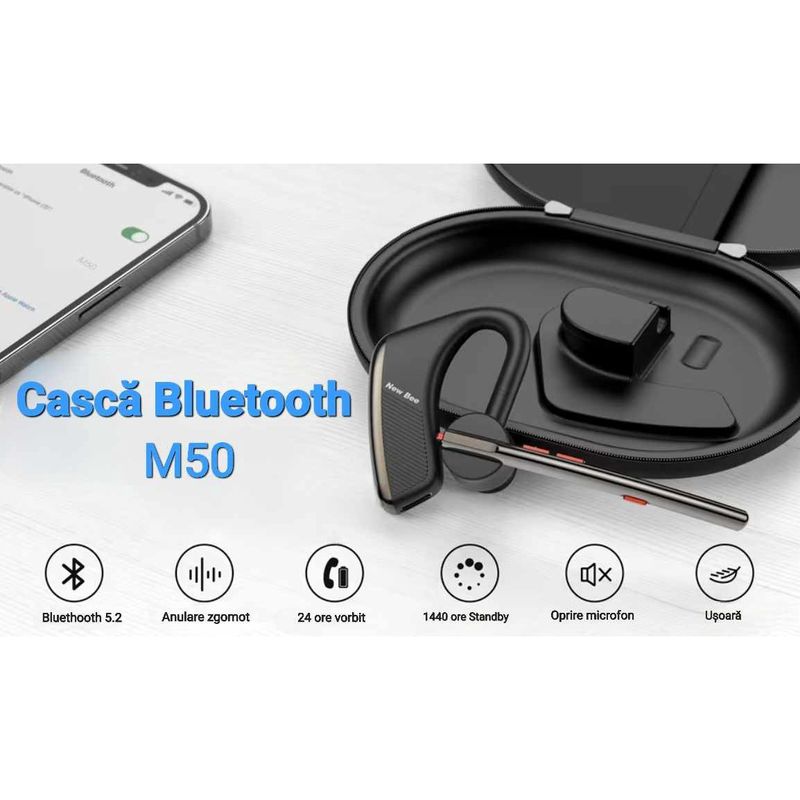 TV, Audio-Video si Foto - Portabile audio - Casti audio - Casca Bluetooth New Bee M50, Baterie 24 ore, Reducere zgomot DSP, Cu husa, Sunet HD, Multipoint, Universala - Infinity.ro
