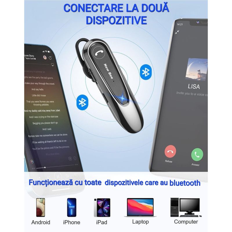 TV, Audio-Video si Foto - Portabile audio - Casti audio - Casca Bluetooth New Bee LC-B45, Baterie 20 ore, Anulare zgomot AI, Doua microfoane, Multipoint, Culoare Negru - Infinity.ro