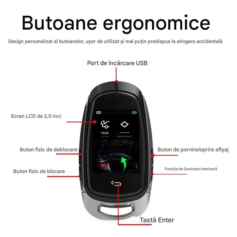 Auto si Moto - Electronice auto - Sisteme de inchidere centralizata - Cheie Auto Smart cu Display SK05 Argintiu, Activare Keyless Entry, 4 butoane, LCD cu touchscreen - Infinity.ro