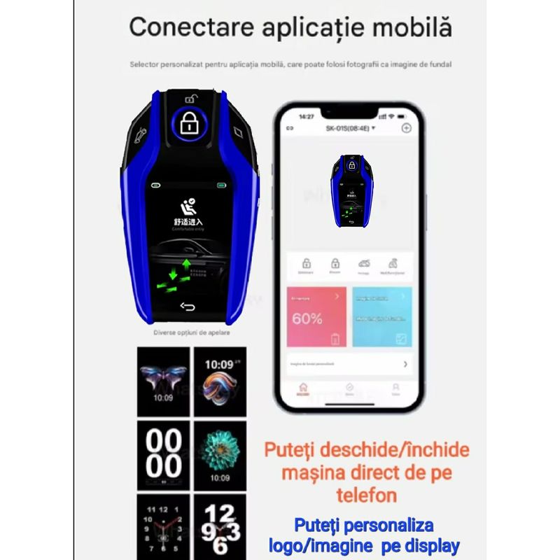 Auto si Moto - Electronice auto - Sisteme de inchidere centralizata - Cheie Auto Smart cu display SK01, Activare Keyless Entry, 4 butoane, LCD cu touchscreen, Smart Car Key - Infinity.ro