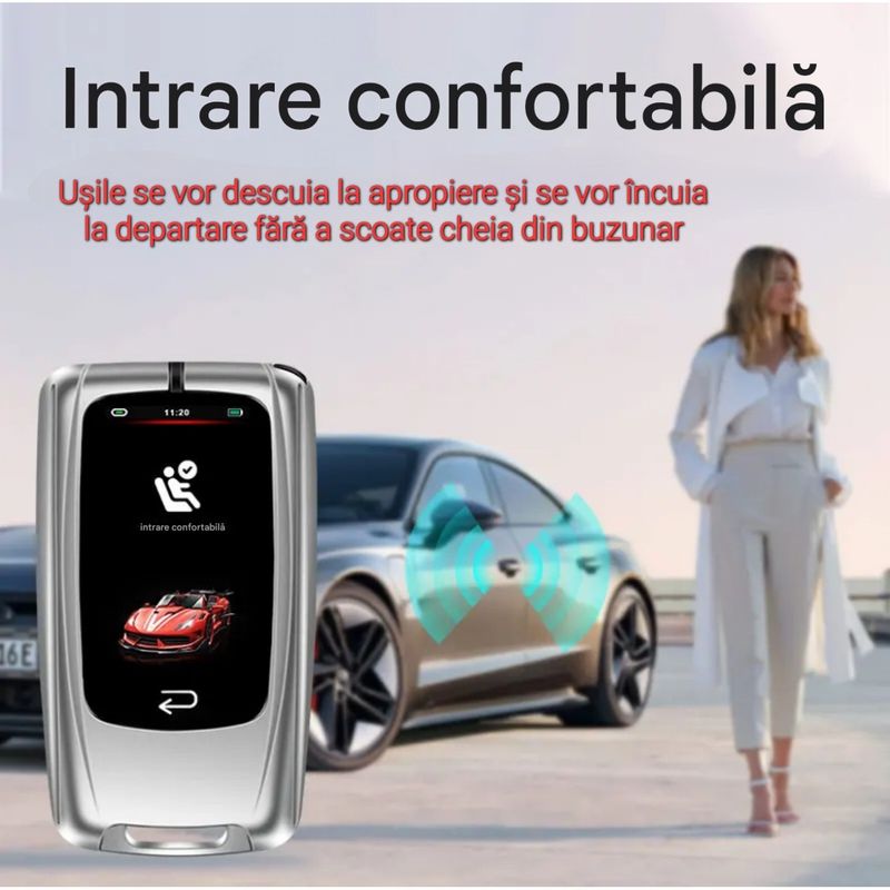 Auto si Moto - Electronice auto - Sisteme de inchidere centralizata - Cheie Auto Smart cu LAMA DE URGENTA, Activare Keyless Entry, 4 butoane, LCD cu touchscreen - Infinity.ro