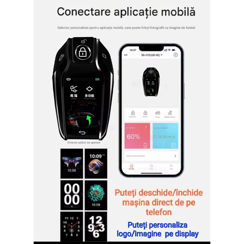 Auto si Moto - Electronice auto - Sisteme de inchidere centralizata - Cheie Auto Smart cu display SK01, Activare Keyless Entry, 4 butoane, LCD cu touchscreen, Smart Car Key - Infinity.ro