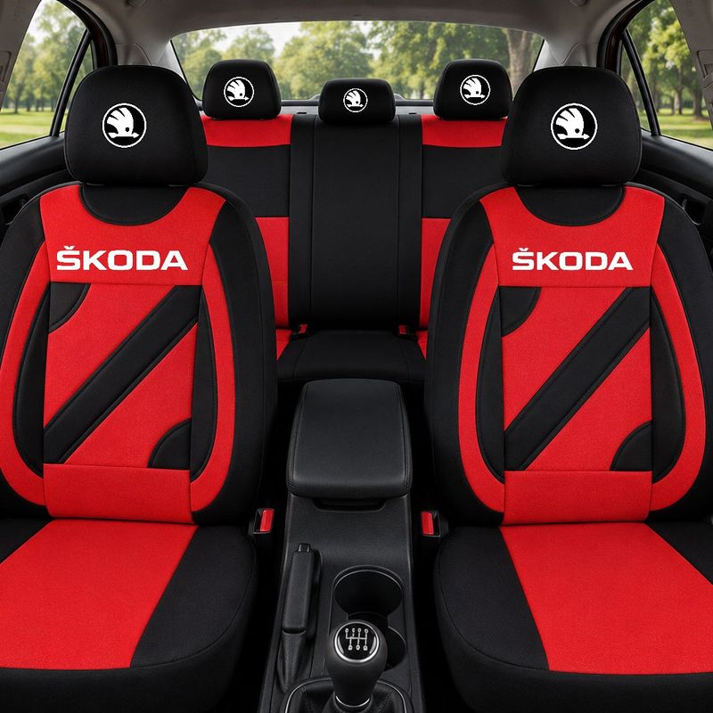 Auto si Moto - Intretinere auto - Huse auto - Set Huse Scaune Universale Nero Rosu Personalizate cu Skoda Nou - Infinity.ro