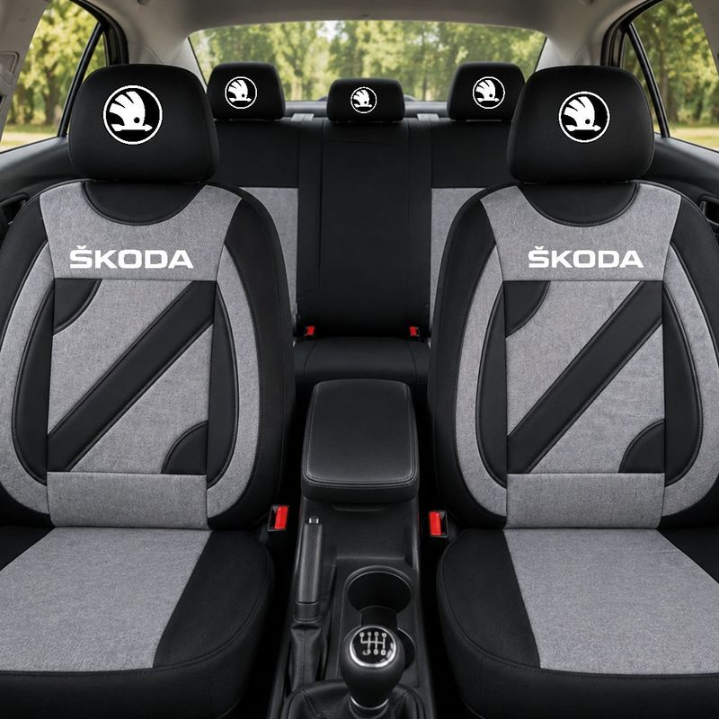 Auto si Moto - Intretinere auto - Huse auto - Set Huse Scaune Universale Nero Gri Personalizate cu Skoda Nou - Infinity.ro
